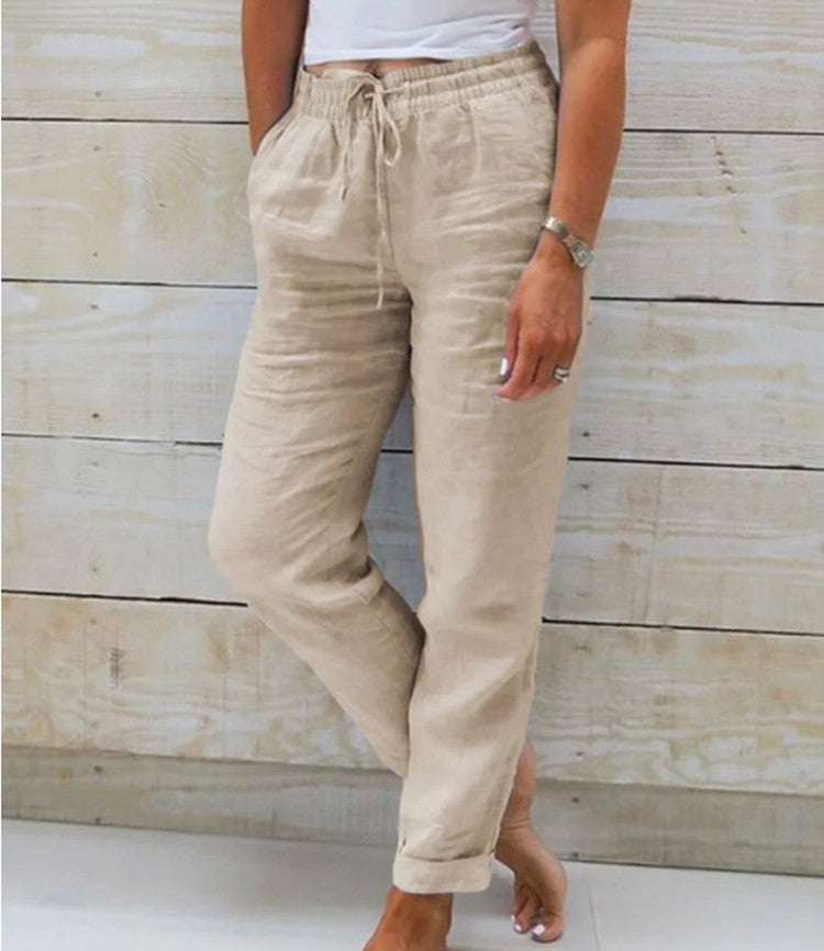 Cotton And Linen Women's High Waist Elastic Waist Solid Color Cotton And Linen Pants