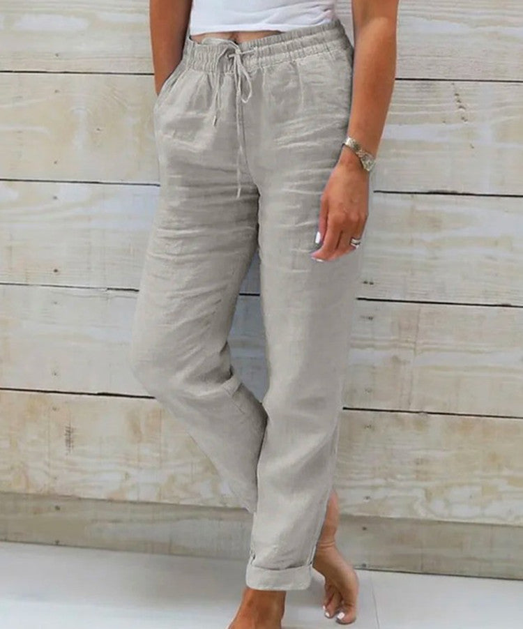 Cotton And Linen Women's High Waist Elastic Waist Solid Color Cotton And Linen Pants