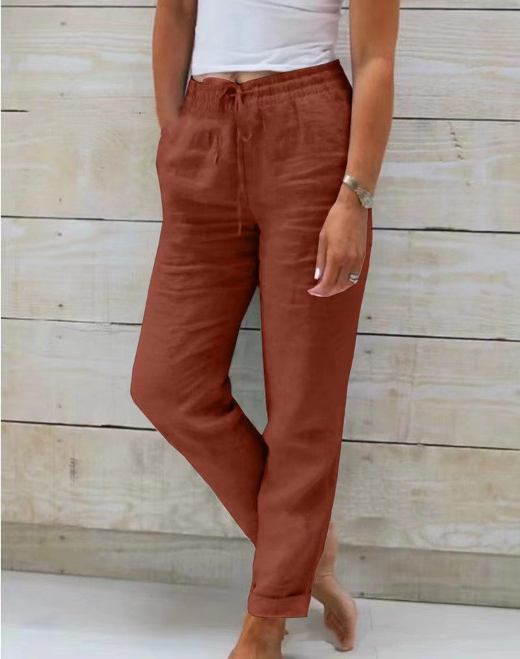 Cotton And Linen Women's High Waist Elastic Waist Solid Color Cotton And Linen Pants