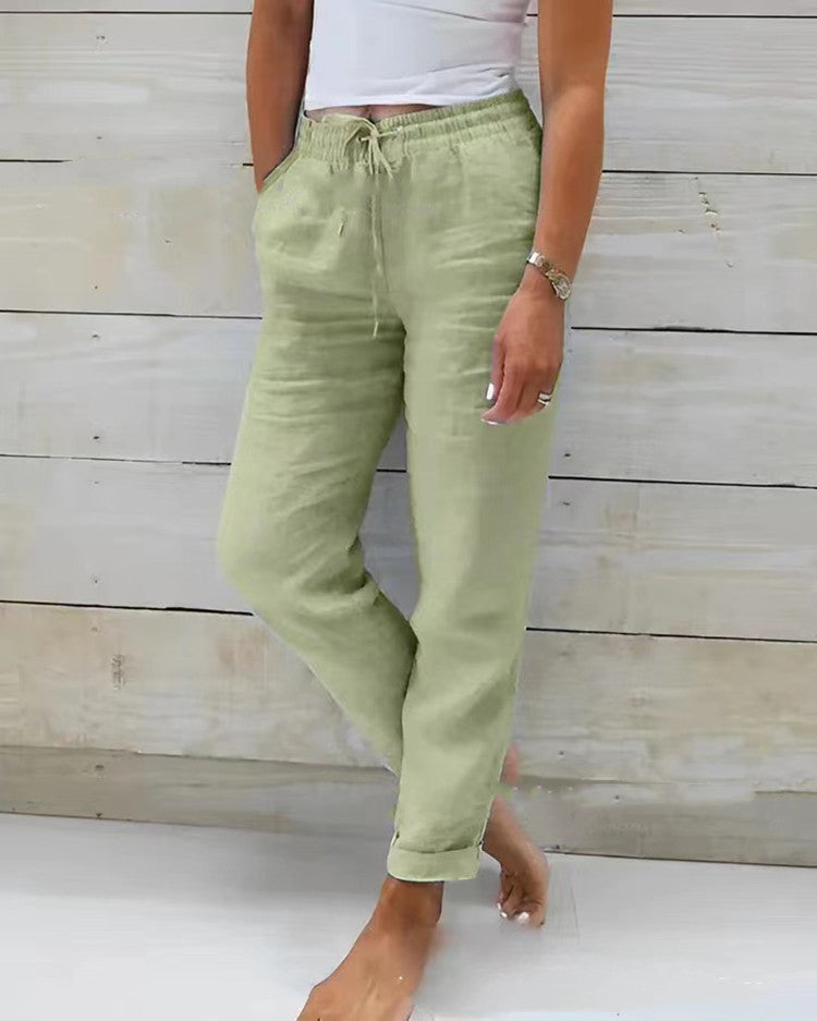 Cotton And Linen Women's High Waist Elastic Waist Solid Color Cotton And Linen Pants