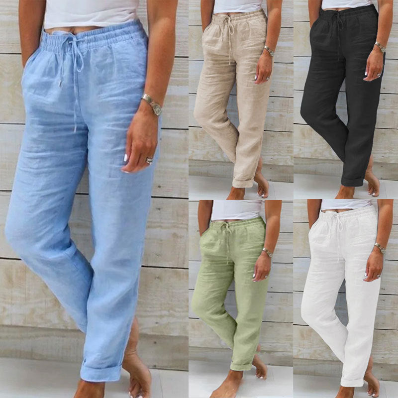 Cotton And Linen Women's High Waist Elastic Waist Solid Color Cotton And Linen Pants